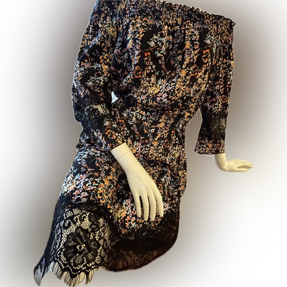 Scoop NYC Dresses & Skirts - Silky Black Floral Dress, Lace Detail, On/Off Shoulder, 3/4 Sleeves, Sz Med, EUC